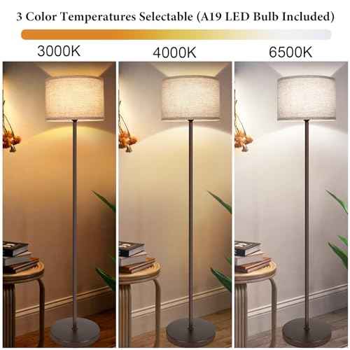 65¡®¡¯ Simple Design Floor Lamp with 3CCT 9W LED Bulb, Modern Industrial Standing Lamp for Living Room with Foot Switch, Tall Lamp with Drum Shade, Stand Up Floor Light for Study Bedroom Office, Brown