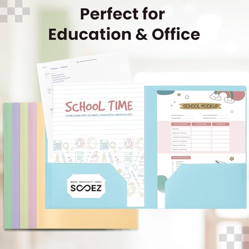 Sooez 7-Pack Pastel Color Heavy Duty Plastic Folders with Pockets, School & Office Use