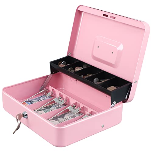 Pink Key Lock Cash Box with Secure Metal Storage for Coins & Bills