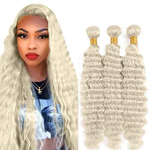 #88 Platinum Blonde Bundles Human Hair Deep Wave Bundles 16 16 16 Inch Platinum Blonde Deep Wave Bundle Unprocessed Brazilian Virgin Weave Hair 3 Bundle 50 Gram Per Bundle