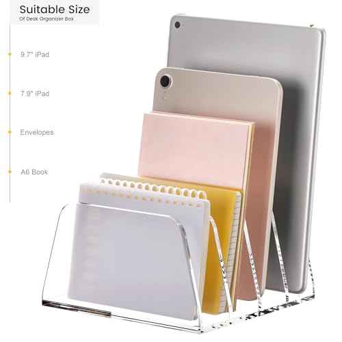 YUXUN Acrylic File Sorter,6.9"x6.6"x3.74",4 Sections Vertical Desk Organizer,Clear Mail Organizer File Holder Stand Rack Desk Accessories for Mail,Envelope,Letter,Notebook for Home/Office/Classroom