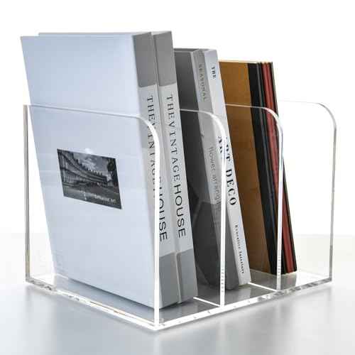 3 Vertical Compartments Clear Acrylic Magazine & File Holder ? Multipurpose Desk Organizer for Documents, Tablets, Magazines, Books ? Office/Home/Classroom Rack