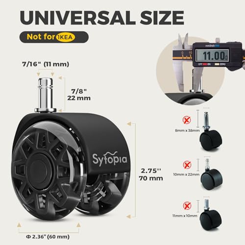 Sytopia 2.5-Inch Office Chair Wheels Replacement with 11x22mm Stem — Heavy Duty 700 lb, Universal Rollers (Black)