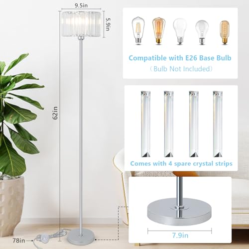 HMVPL Crystal Floor Lamp, Chrome Pole Floor Lamp with K9 Crystal Shade, Silver Standing Lamp with On/Off Switch, Modern Corner Tall Lamp for Living Room Bedroom Nursery Office Home Decor