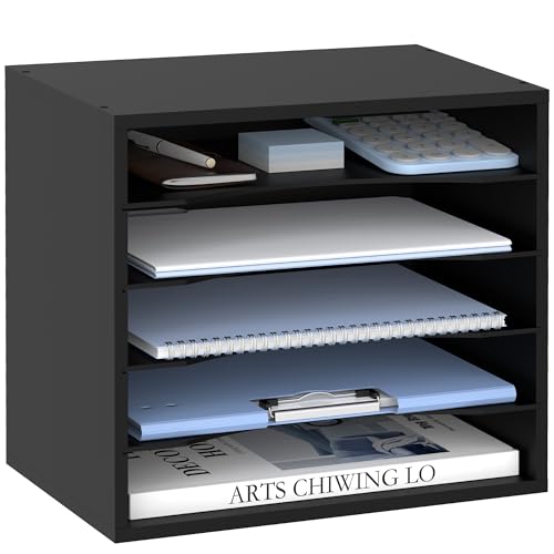 SUPEASY 5-Tier Black Wood Desk Organizer – 13.4 x 9.1 x 12 Inches, Multi-Compartment Paper & Mail Sorter