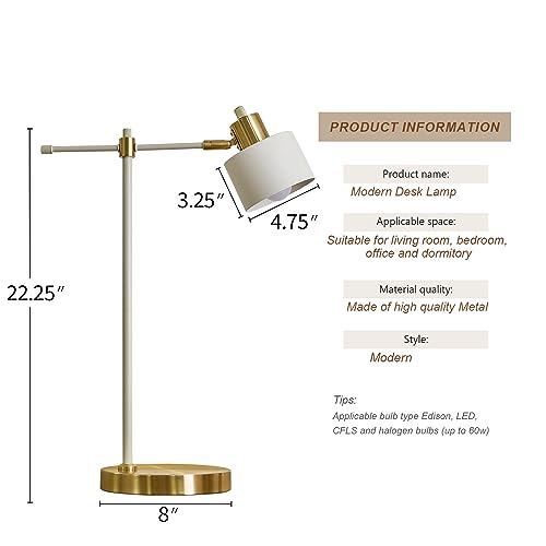 OYEARS Modern Industrial Desk Lamp for Reading LED 22.2¡° Metal Table Lamp Light for Office Bedroom Study Room Living Room Nightstand Bedside Lamps Gold and Matte Cream Accent (Cream, Bulb Included)