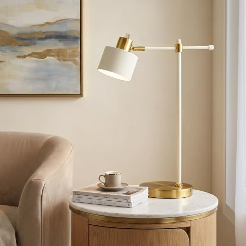OYEARS 22.2" Cream & White Modern Metal Desk Lamp with LED Bulb, Adjustable Reading Light for Home Office & Bedroom