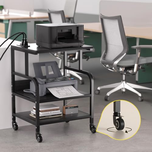 Large Printer Stand with 3-Tier Wood Storage Shelves -Multi-Purpose Desk Organizer- for Printer Scanner Fax Home Office Use with Wheels (Jet Black)