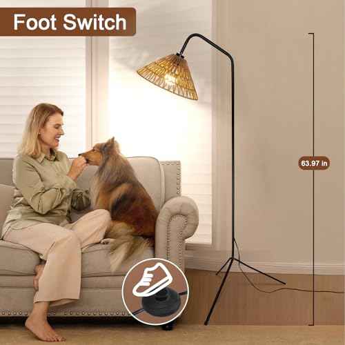 2025 Arc Floor Lamp with Paper Rope Shade Tripod Feet Floor Lamp Boho Style Natural Materials Standing Lamp for Bedroom Living Over Couch Reading Lamp