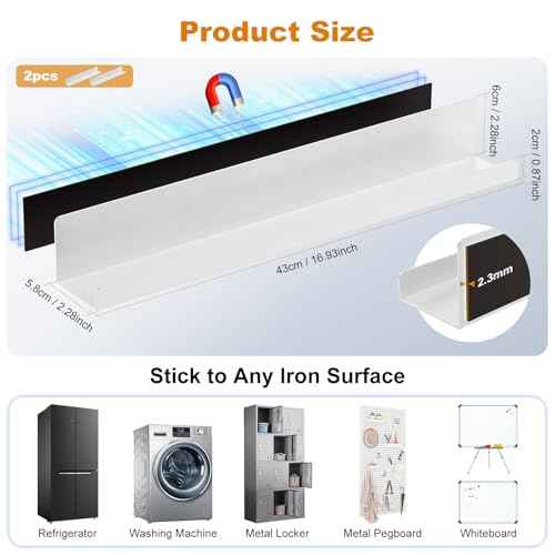 2 Pack Magnetic Book Shelf for Whiteboard - 17 Inch Reusable Metal Magnetic Shelves, Holds 12 lbs, Magnetic Book Display for Classrooms, Kitchen, Kids' Room - New White
