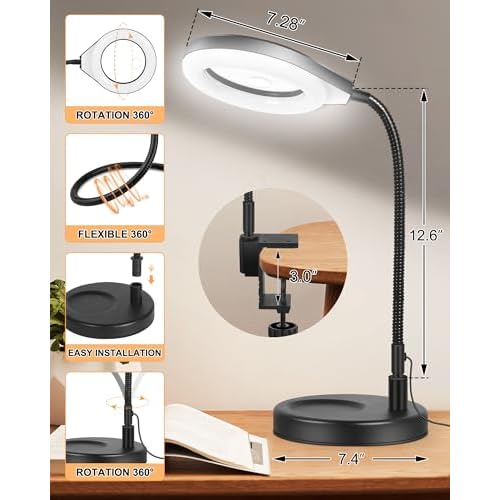 ?Flexible Gooseneck 2-in-1 Magnifying Glass with Light and Stand,10x & 5x Real Glass Lens Magnifying Lamp, 5 Color Stepless Hands-Free LED Desk Lamp with Clamp for Painting, Crafts, Reading (White)
