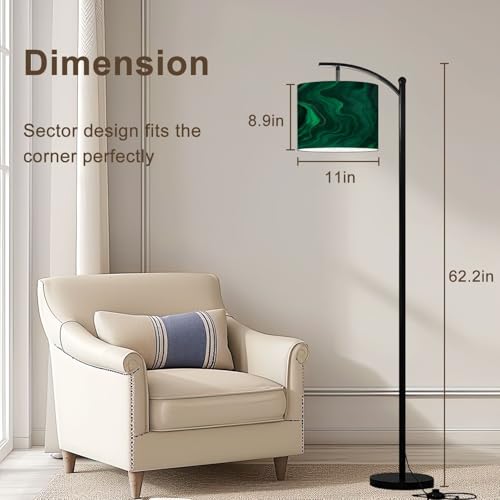 Arc Floor Lamp Green Emerald Luxury Abstract Golden line Art Marble Modern Tall Standing Lamp Dimmable with Remote Adjustable Drum Shade Footswitch for Living Room Bedroom Office