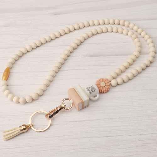 Teacher Lanyard with ID Holder, Fashion Wood Beaded Lanyard for Keys, Super Cute Boho Breakaway Lanyard for Women, 19.5