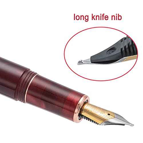 Hongdian N8 Red Acrylic Fountain Pen, Long Blade Fine Nib Rose Gold Trim Maple Leaves Carving Cap, Smooth Writing Pen with Converter and Metal Pen Box Set