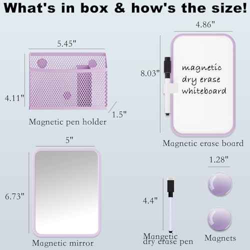 Locker Accessories for Girls with Magnetic whiteboard, Locker Mirror and Pen Holder, Pink Locker Decoration for School Locker, Back to School Essentials, Purple