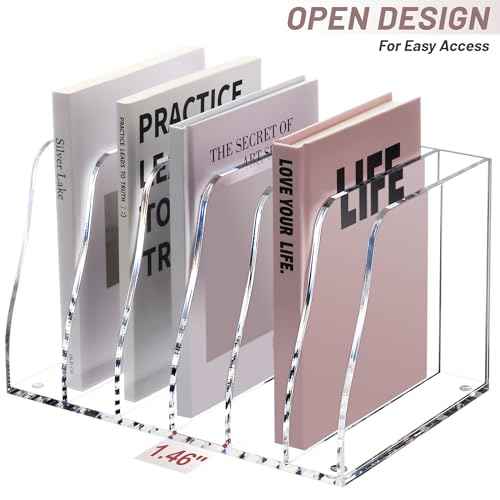 SANRUI Acrylic File Organizer, Compact Desk Organizer for Folders, Binders, Notebooks, Envelopes, Vertical Binder Storage Organizer, 6 Section Bookshelf for School Home Office Organization