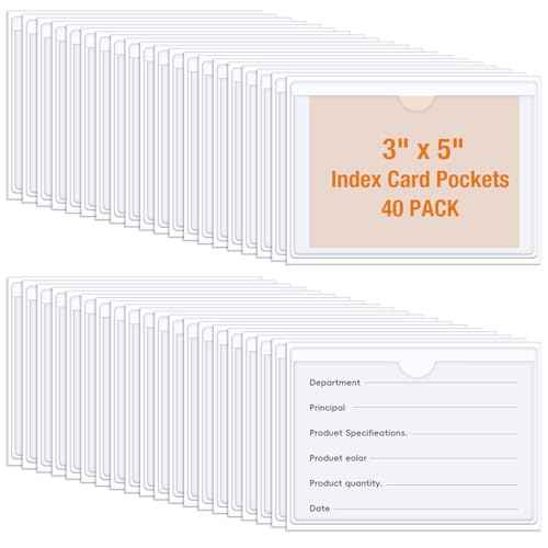 40 PCS Index Card Pockets, Self Adhesive Card Pockets 3"X5" with Top Open, Clear Label Pockets for Storage Bins, Plastic Labels Holders for Organizing, Loading, Drawer,Library Card, Totes (3"X5")