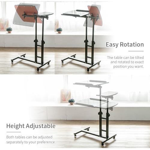 Bedside Table with Wheels, Height-Adjustable Laptop Desk, Computer Workstation, Bed Side Table, Tiltable Table and Mouse pad for Laptop-Light Brown