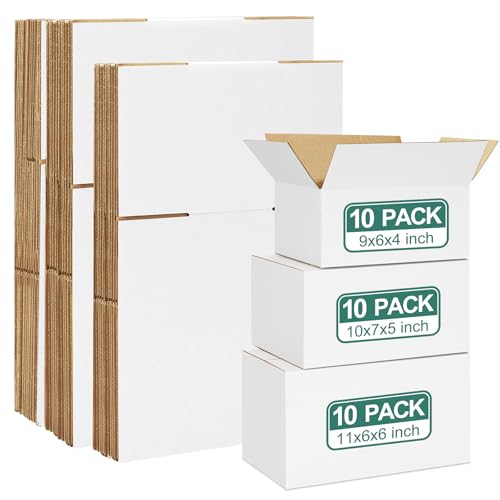 Eupako 30 Pack Small Shipping Boxes Assorted Sizes, White Corrugated Box Mailers, 9x6x4 & 10x7x5 & 11x6x6, 10 PCS Each, Cardboard Boxes for Packaging Small Business, Mailing