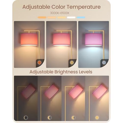 Modern Gold Arc Floor Lamp, Corner Tall Lamp with Remote, Arched Reading Light with Fabric Shade, Floor Lighting for Living Room, Bedroom, Office, Study, Pink, LED Bulb Included, DP11LD05