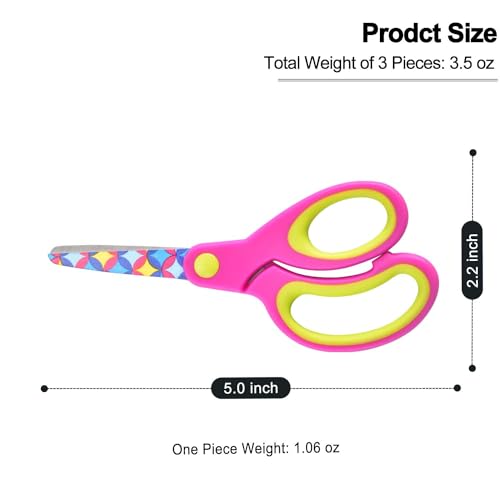 Zicolu Kids Safety Scissors 3-Pack, Blunt Tip, Ambidextrous, 5 Inch, Floral Print, Soft Grip, For DIY, Arts & School (Purple/Blue/Yellow)