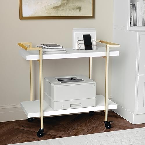 Martha Stewart Liam 2-Tier Mobile Office Storage and Printer Cart in White with Polished Brass Frame