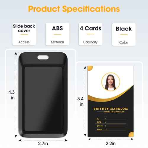 4 Pack Sliding Black ID Badge Holder, Heavy Duty Plastic ID Badge with Clear Window, Vertical Key Card Holder Protector Pouch for Office School ID Cards Proximity Key Cards Drivers Licenses & Passes