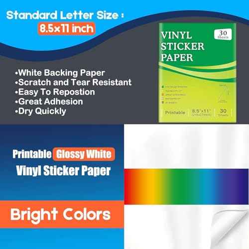 Premium Printable Vinyl Inkjet Stickers -30 Sheets Glossy White 8.5x11 Inch Sticker Paper,Suitable for inkjet printers£¬Waterproof£¬Fast Drying Vivid Colours, Retain Ink Well,Tear Resistant
