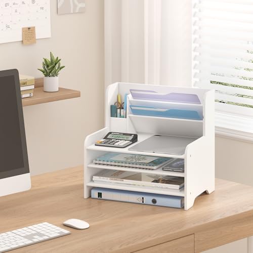 Desk File Organizer - 6-Tier Desktop Mail Letter Tray Paper Document Organizer with Pen Holder for Home Office Supplies, Office Desk Accessories & Workspace (White)