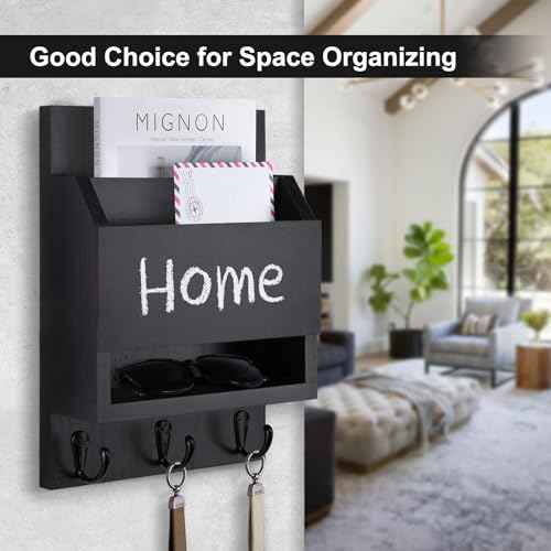 Key and Mail Holder for Wall, Key Holder with Chalkboard and Long Storage Box, Key Hanger with 3 Sturdy Hooks for Coat, Dog Leash, Entryway Mail Organizer (Black)