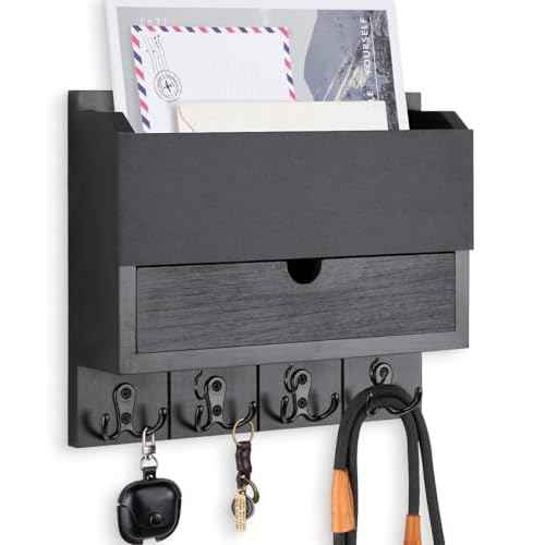 Mail and Key Holder Wall Mount with Storage Drawer ? Modern Wooden Mail Organizer for Wall Entryway, 7 Key Hooks & Chalkboard Panel ? Stylish Home Decor for Apartments, Living Room, Office