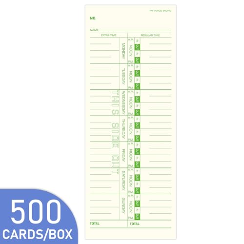 Weekly Time Cards 1-Sided, 3-1/2" x 9",Named Days,Green Print, 500-Count,Time Cards for Employees,Clock in Timecards