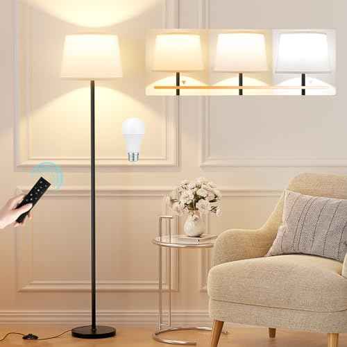 Modern Floor Lamp with Adjustable Brightness, Remote Control, Black, LED Bulbs, White Shade, Foot Switch, Easy Assembly