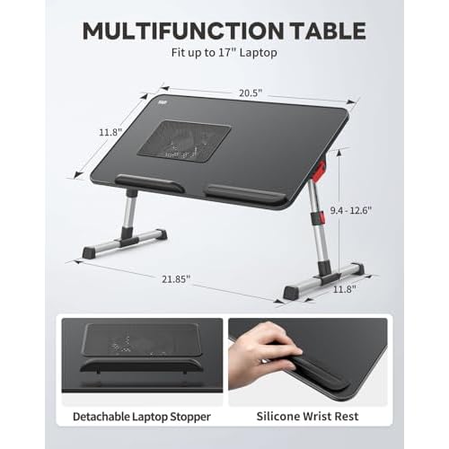 Laptop Desk for Bed with Cooling Fan, SAIJI Height & Angle Adjustable Laptop Stand for Bed, Lap Desk Tray Table, Lightweight Foldable Portable Computer Table for Couch Sofa Chair Floor Desk (Black)