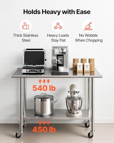 VEVOR Stainless Steel 24x48 inch Food Prep Table with Wheels, Undershelf, 30mm Backsplash