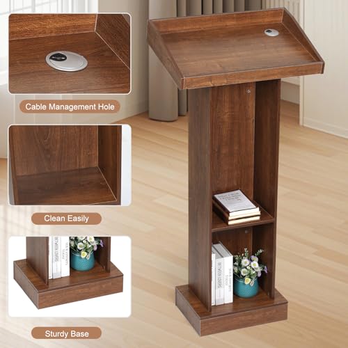 BEQUZON Chestnut Brown Wood Podium with Slanted Top – Standing Lectern for Church, Classroom, Weddings