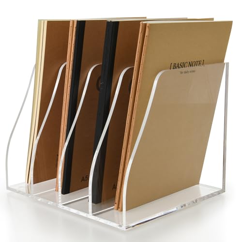 Acrylic Magazine File Holder, 4 Vertical Compartments Desk Document Sorter Organizer, Clear Folder Rack Binder for Office/Home/Classroom, for Documents, Tablet, Magazines, Books & Accessories