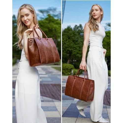 LOVEVOOK Laptop Tote Bag for Women, Vintage Leather Work Bag With Cup Holder, Waterproof Computer Purse, Professional Briefcase Office Shoulder Handbag, 15.6 Inch, Brown