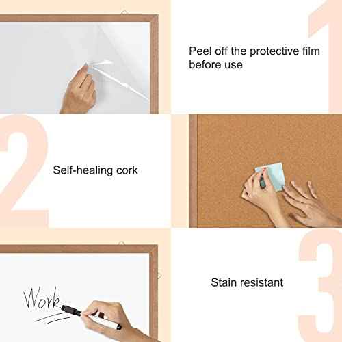 Combination Magnetic Whiteboard Cork Bulletin Board, 24" X 18¡° Combo Dry Erase White Board Cork Pin Board for Wall with Natural Wood Frame¡¦
