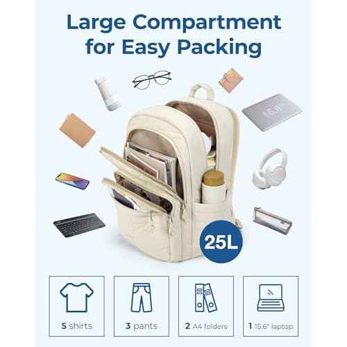 BAGSMART College Laptop Backpack, Travel Laptop Backpack for Women, Quilted Casual Daypack, Water-Resistant Bookbag for 15.6 Inch Laptop, Beige