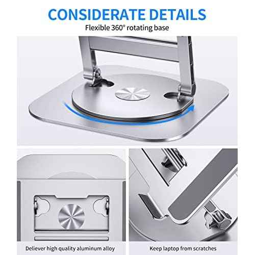 Adjustable Laptop Stand with 360 Rotating Base, Stable Computer Stand for Laptop Ergonimic Foldable Laptop Riser for Desk Compatible with MacBook Pro/Air Notebook up to 16 Inches, Silver