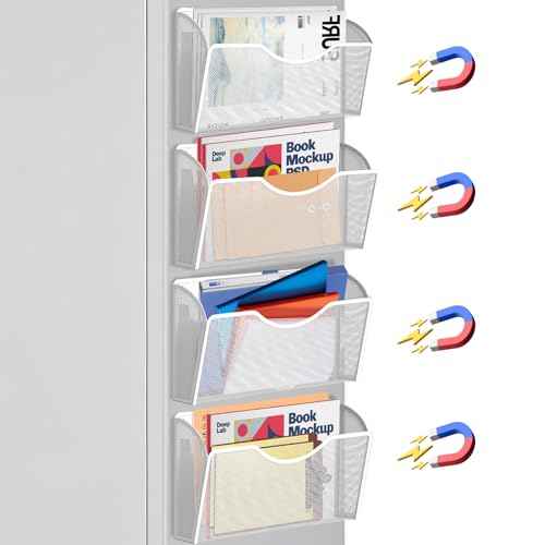 4PCS Magnetic File Holder - No Drilling Magazine Paper Document Holder, Hanging File Organizer for Refrigerators, Whiteboards & File Cabinets