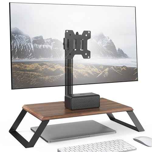 Monitor Riser for 12-27 Inch LED/OLED Screen, Landscape to Portrait Rotation and Height-Adjustable VESA Monitor Stand up Load 22lbs, Desktop Stand with Wooden Base, Walnut