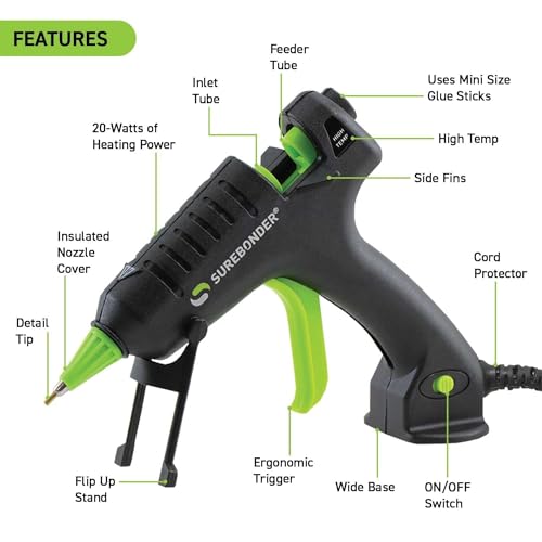 Surebonder 20W Mini Hot Glue Gun with Fine Detail Tip – 5ft Cord, Pack of 1