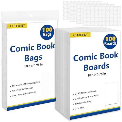 Current Comic Book Bags and Boards 100 Comic Book Sleeves and 100 Comic Book Boards, Acid-Free Clear Comic Book Storage, Comic Book Backing Boards 27 pt, Thick and Coated Comic Backing Board
