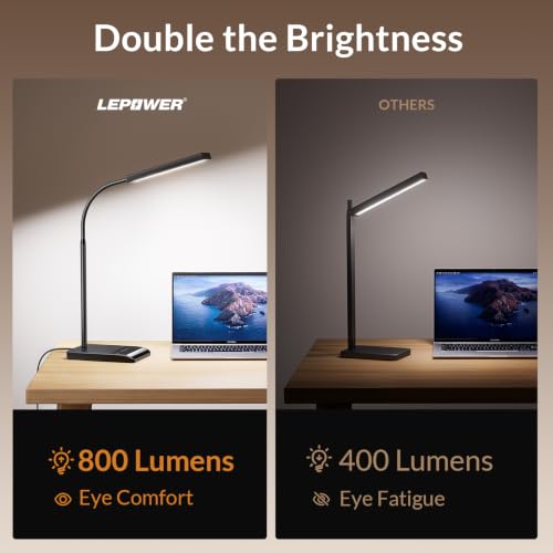 LEPOWER Black Desk Lamp - 800 Lumens Eye-Caring LED with Dimmable & Flexible Gooseneck