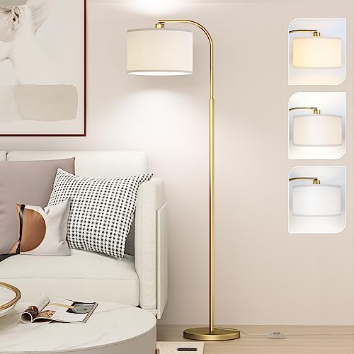 Arc Floor Lamps for Living Room with 3 Color Temperatures, Modern Floor Lamp Reading Light with 9W Bulb Included, Standing Lamp with Adjustable White Hanging ?Lampshade for Bedroom Office(Gold)