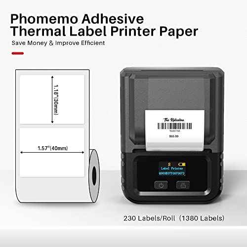 1380 pcs Phomemo Label Set, Adhesive Stickers Paper, Premium Multipurpose Thermal Printer Label 230 Pcs/Roll, 6 Rolls,Compatible with M110/M220/M108/ M250/ M260/M120/M200/M221/M150, Black on White