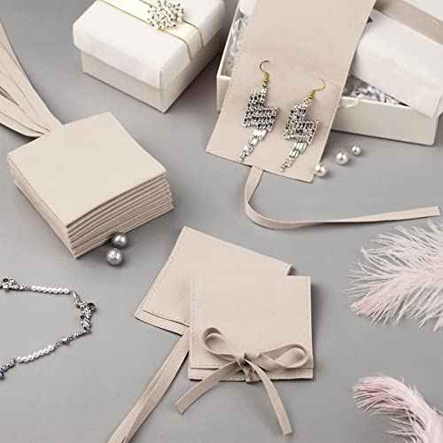 Sotiff 80 Pcs Microfiber Jewelry Pouch 8x8 cm Jewelry Packaging Bag Luxury Small Gift Bag for Small Business Envelope Style Bracelet Packaging Bow Tie Microfiber Pouch with Strings Divider(Khaki)