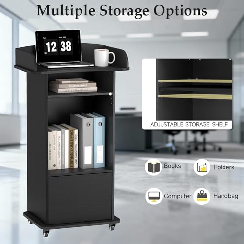 Suuiwau Portable Podium Stand with 4 Wheels, Black – Mobile Lectern with 2 Shelves, Cabinet & Desk for Church, Classroom, Restaurant, Office